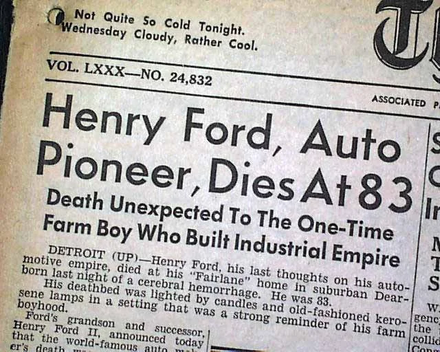 Чланак о смрти Хенрија Форда 1947